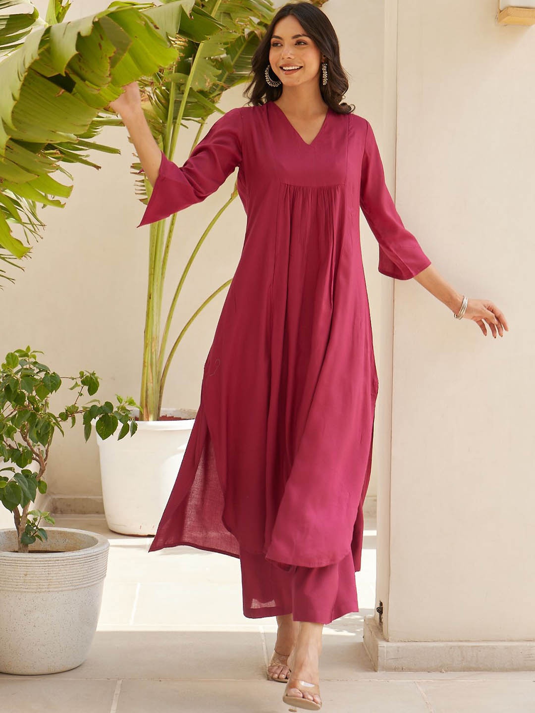 

HERE&NOW Maroon V-Neck A-line Kurta With Palazzos