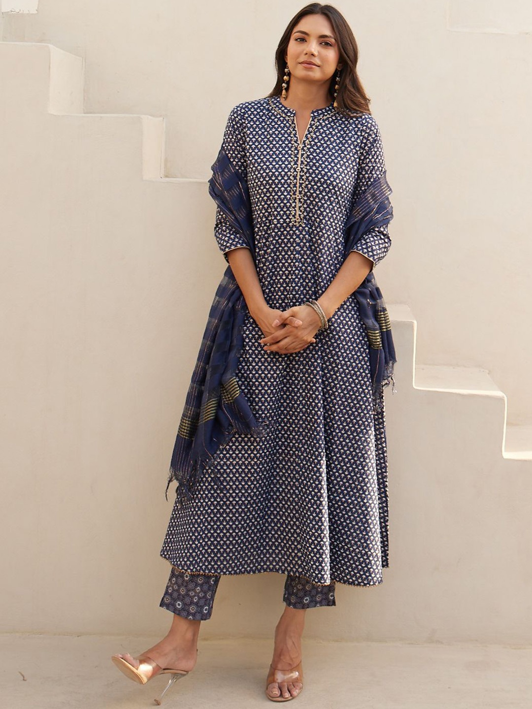 

HERE&NOW Blue Floral Printed Pure Cotton Anarkali Kurta With Trousers & Dupatta