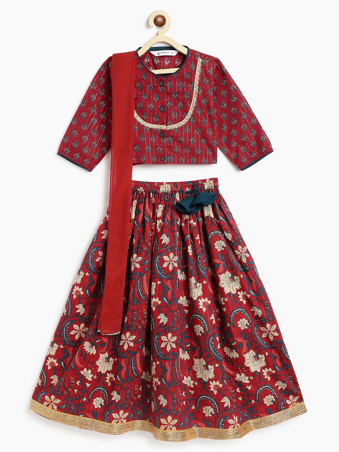 

Campana Girls Floral Printed Cotton Ready to Wear Lehenga & Blouse With Dupatta, Red