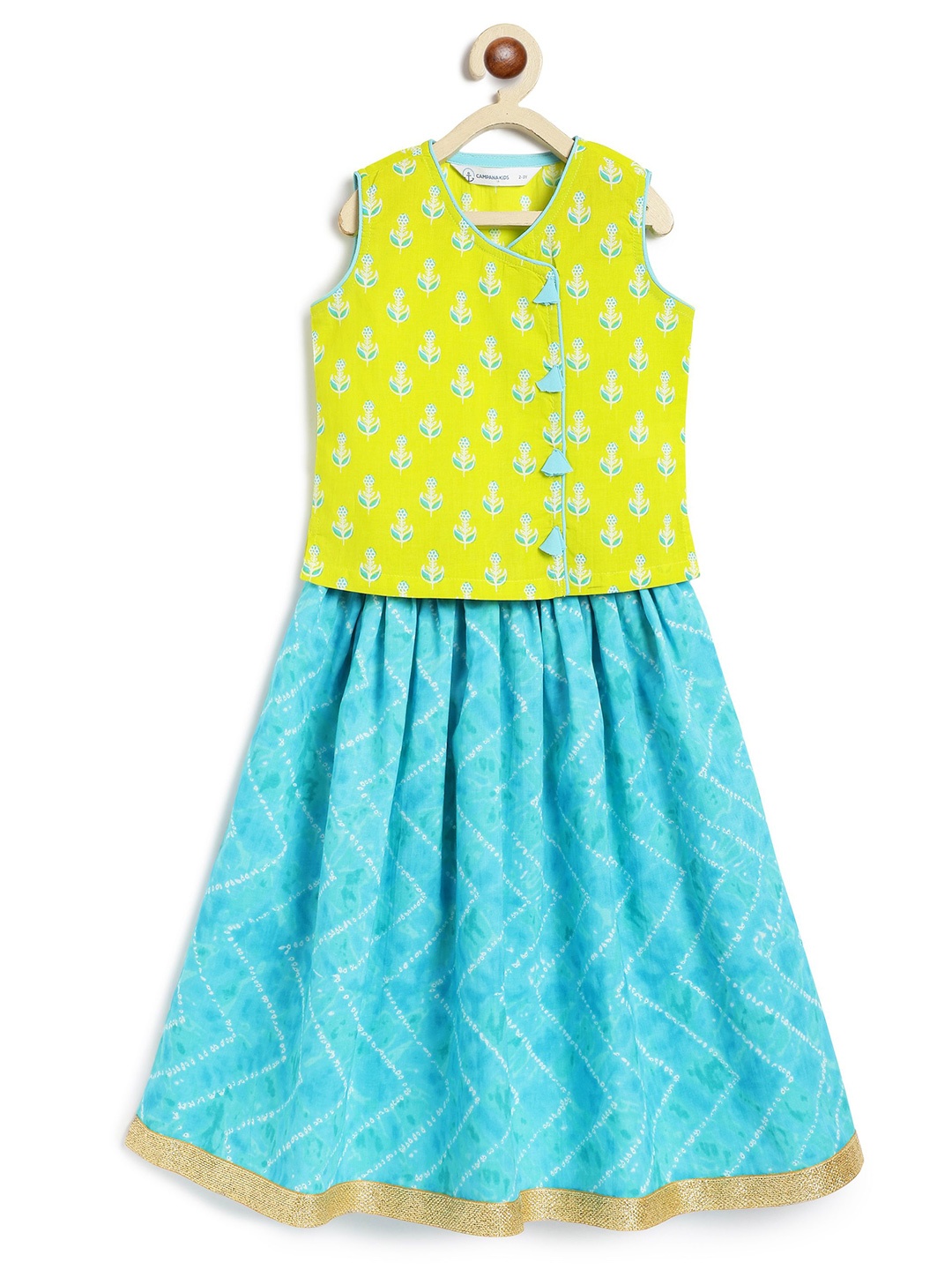 

Campana Girls Ethnic Motifs Printed Cotton Ready to Wear Lehenga & Blouse, Lime green