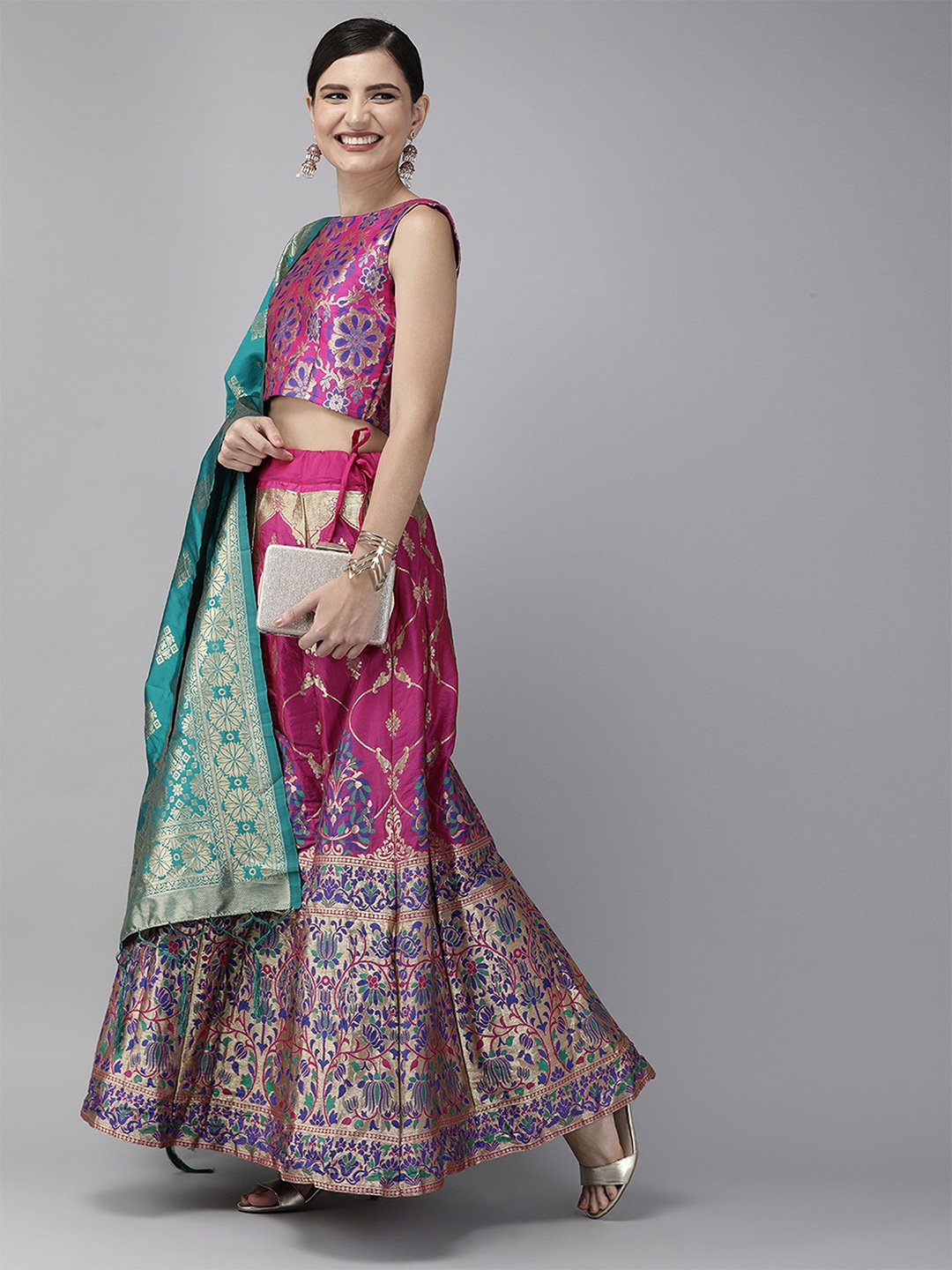 

KAZIA Woven Design Zari Semi-Stitched Lehenga & Unstitched Blouse With Dupatta, Pink