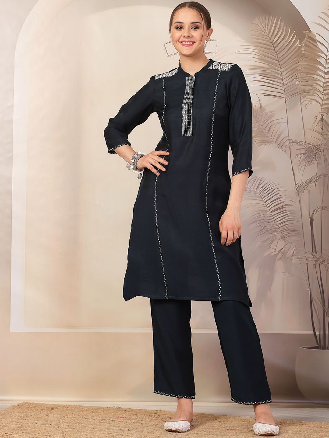 

Nayam By Lakshita Embroidered Mandarin Collar Sequinned Straight Kurta & Trousers, Navy blue