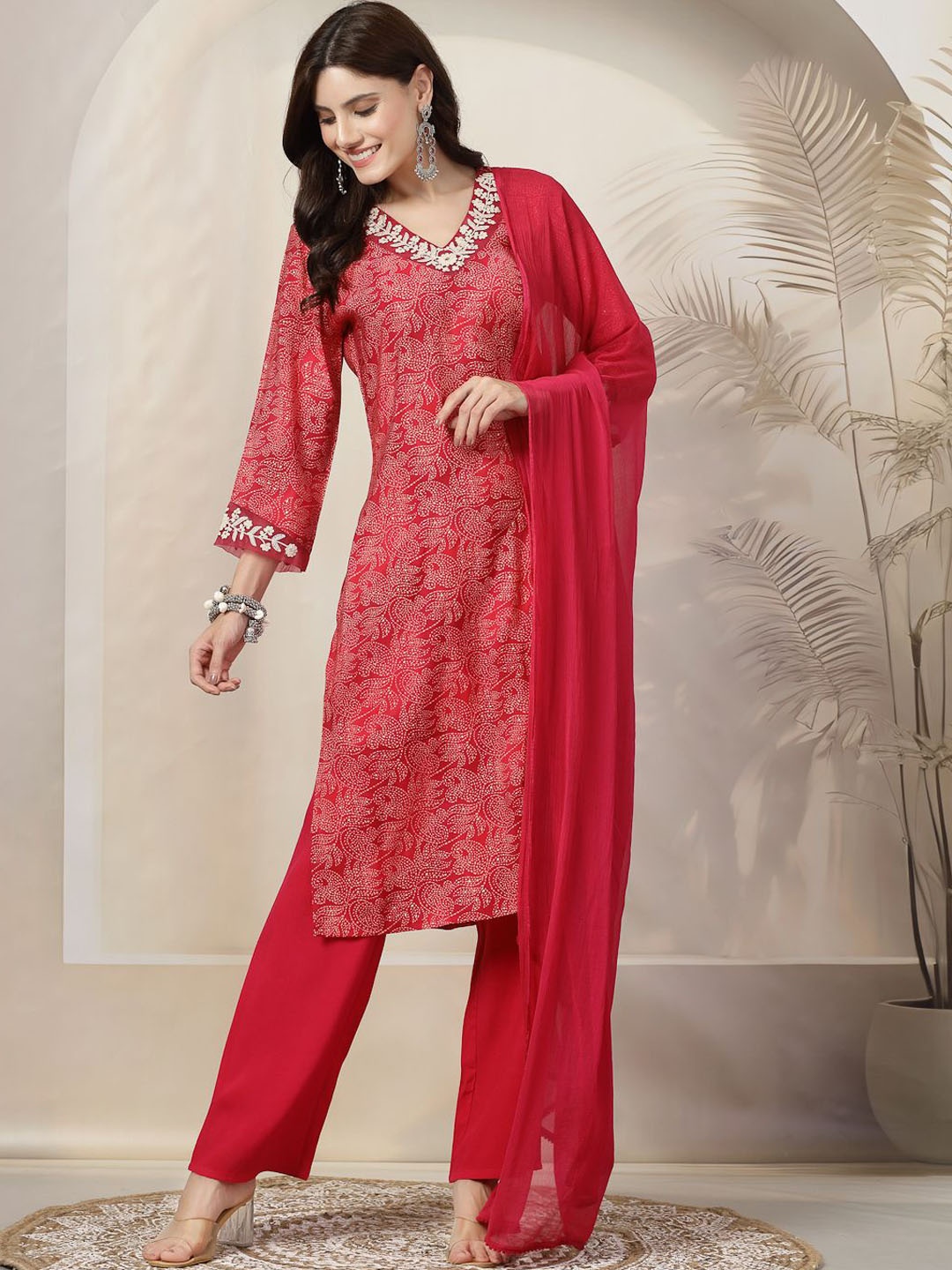 

Nayam By Lakshita Floral Printed V-Neck Sequinned A-Line Kurta With Trousers & Dupatta, Fuchsia