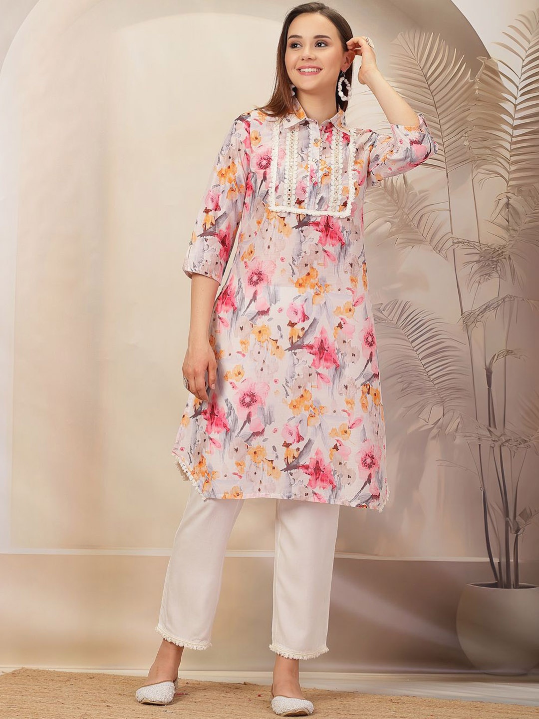 

Nayam By Lakshita Floral Printed Shirt Collar Thread Work A-Line Kurta With Trousers, Pink