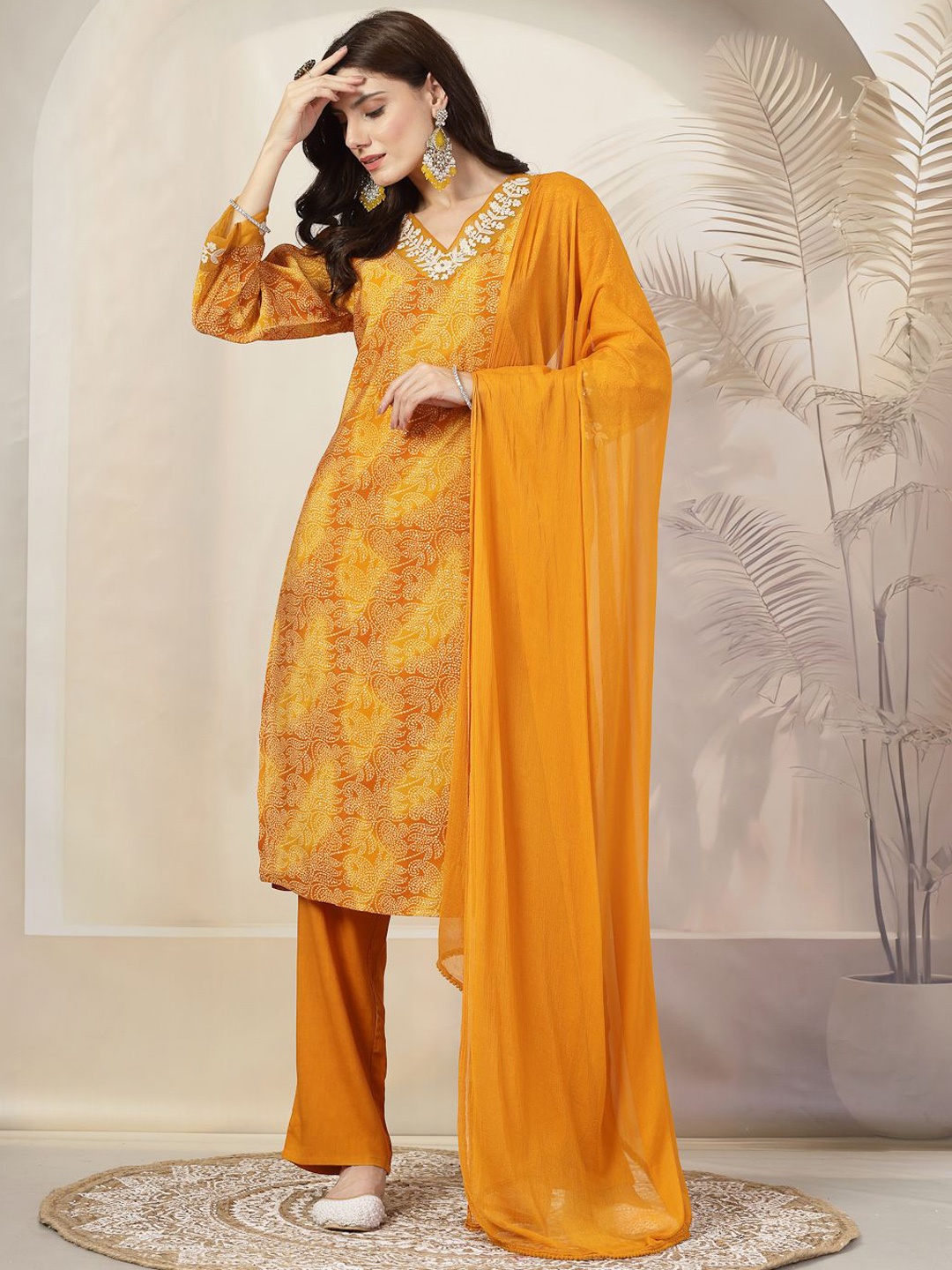 

Nayam By Lakshita Floral Printed V-Neck Sequinned A-Line Kurta With Trousers & Dupatta, Mustard