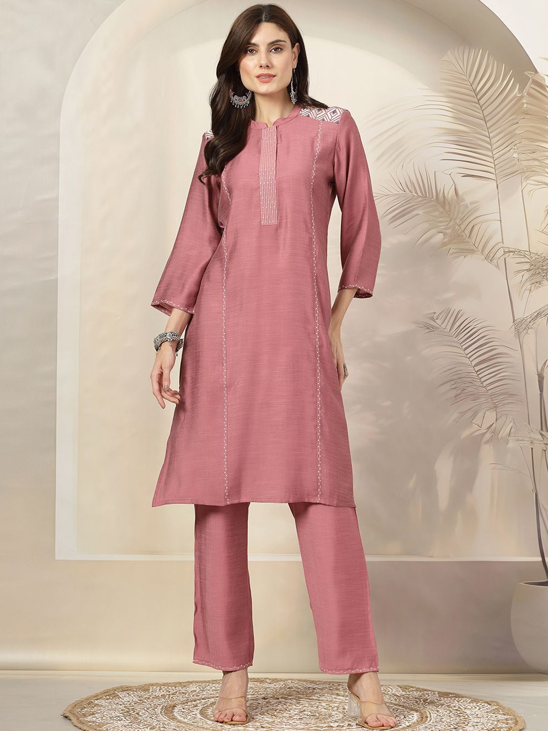 

Nayam By Lakshita Embroidered Mandarin Collar Sequinned Straight Kurta & Trousers, Pink