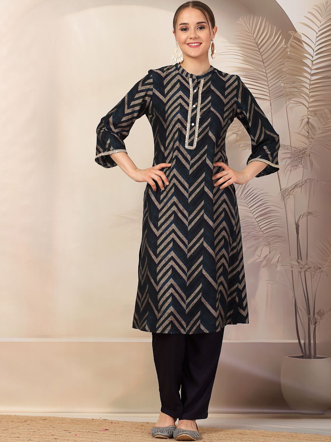 

Nayam By Lakshita Chevron Printed Mandarin Collar Sequinned A-Line Kurta with Trousers, Navy blue