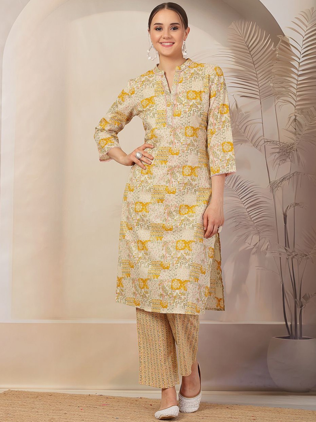 

Nayam By Lakshita Floral Printed Mandarin Collar Pure Cotton Straight Kurta & Trousers, Beige