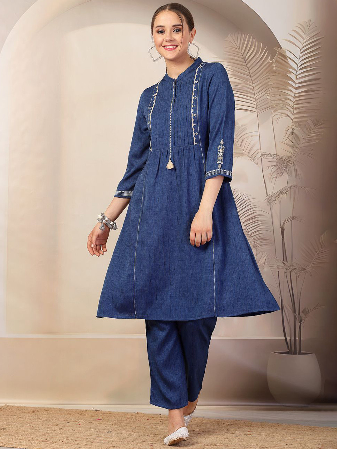 

Nayam By Lakshita Floral Embroidered Thread Work A-Line Kurta With Trousers, Blue