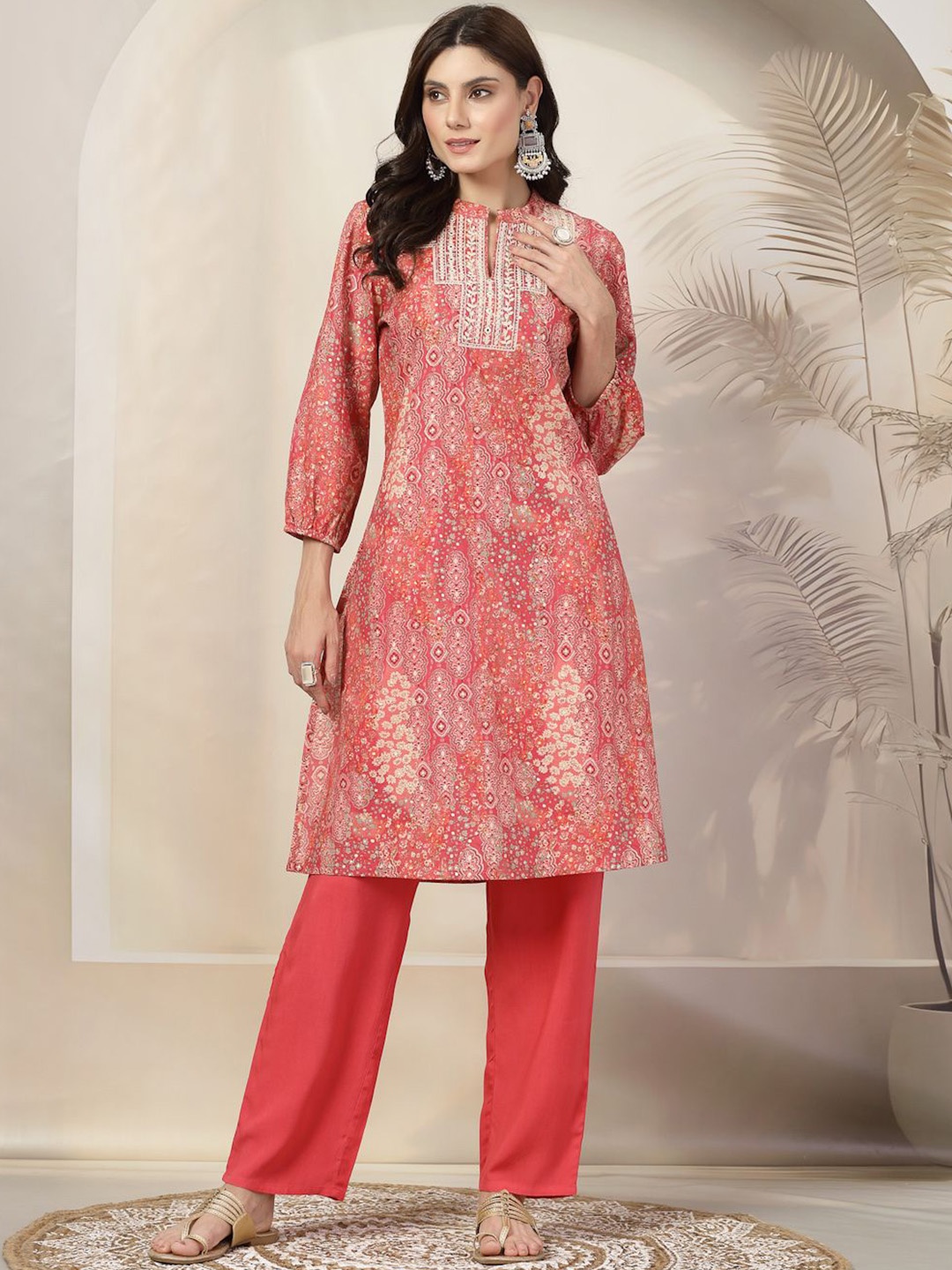 

Nayam By Lakshita Printed Mandarin Collar Thread Work A-Line Kurta with Trousers, Pink