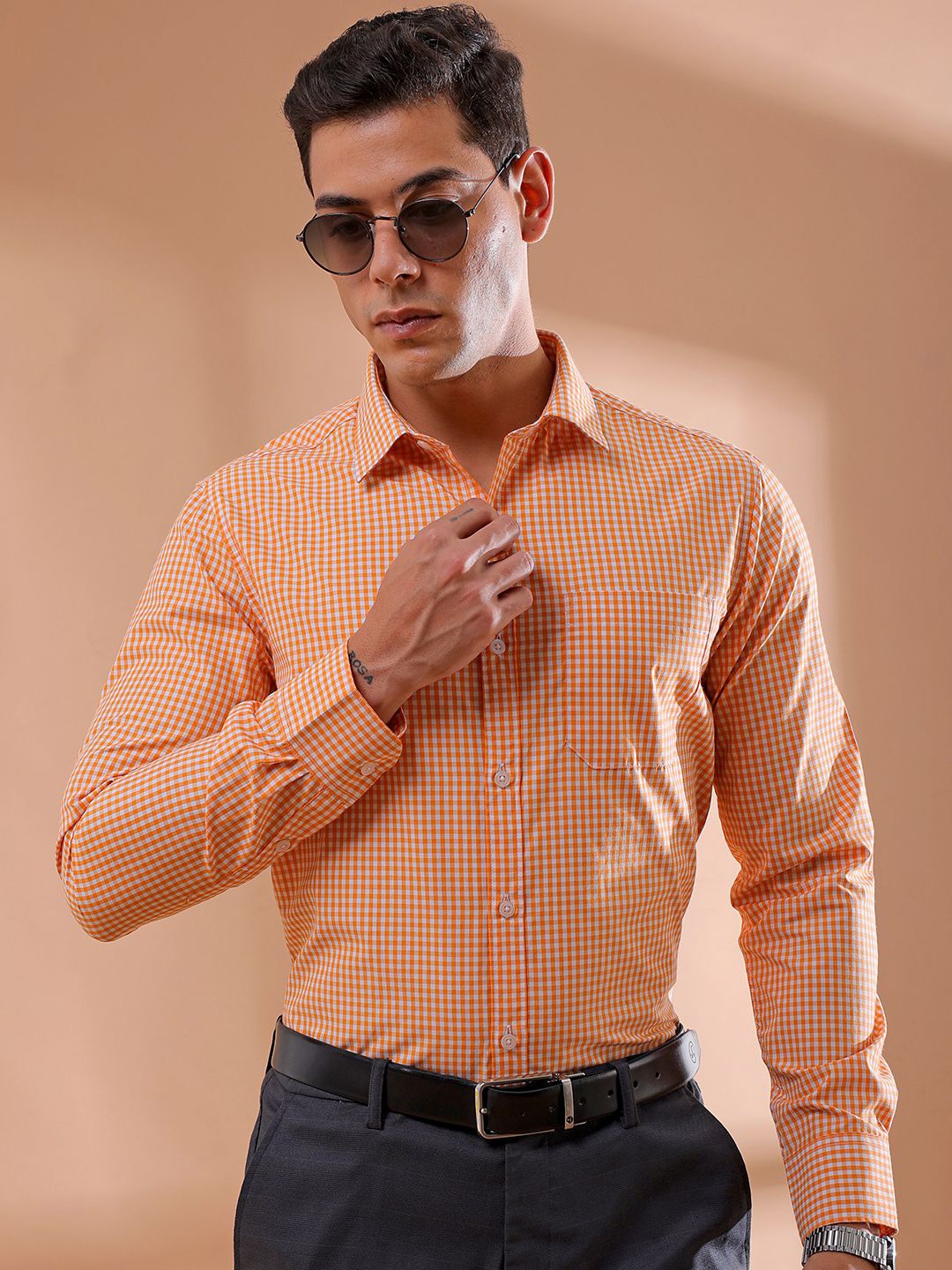 

The Indian Garage Co. X Luxe Men Slim Fit Gingham Checks Opaque Checked Formal Shirt, Orange