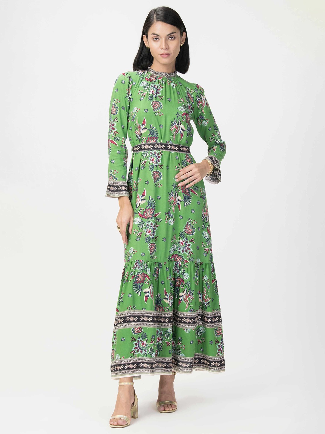 

HOUSE OF S Floral Print Tie-Up Neck Maxi Dress, Green