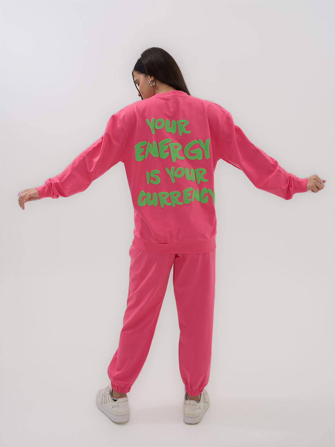 

Exhale Label The Lets Go Party Women Cotton Typographic Oversized Fit Sweatshirt, Pink