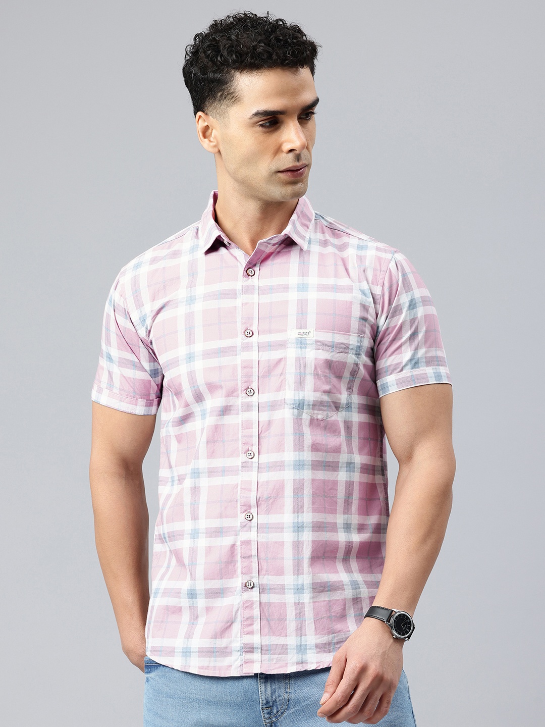 

Majestic Man Men Classic Slim Fit Checked Pure Cotton Casual Shirt, Pink