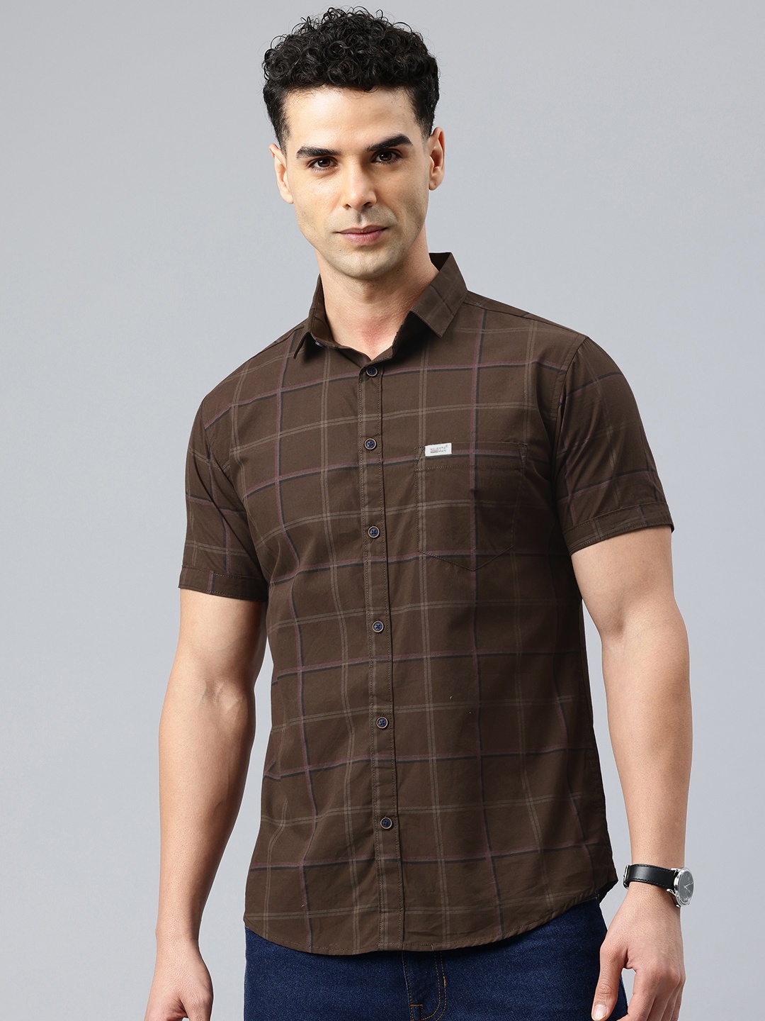 

Majestic Man Men Classic Slim Fit Checked Pure Cotton Casual Shirt, Brown