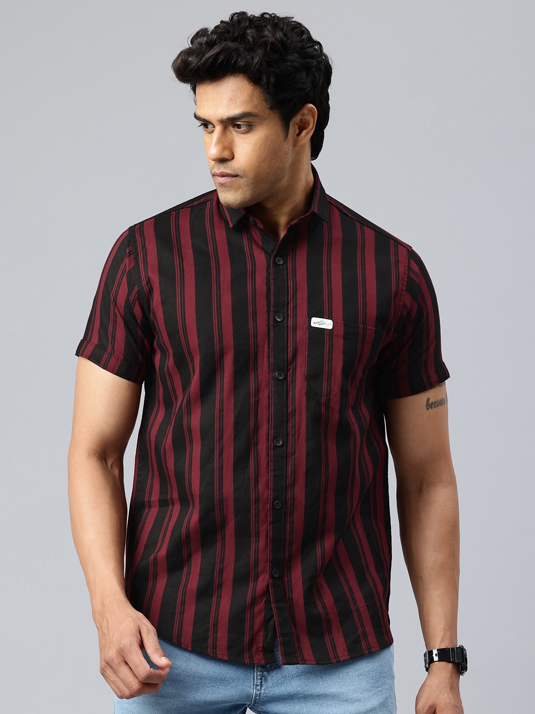 

Majestic Man Men Classic Slim Fit Striped Pure Cotton Casual Shirt, Maroon