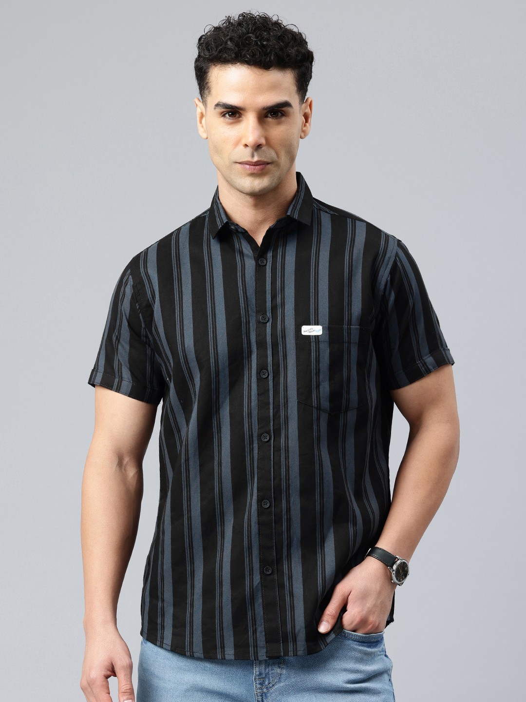 

Majestic Man Men Classic Slim Fit Striped Pure Cotton Casual Shirt, Blue
