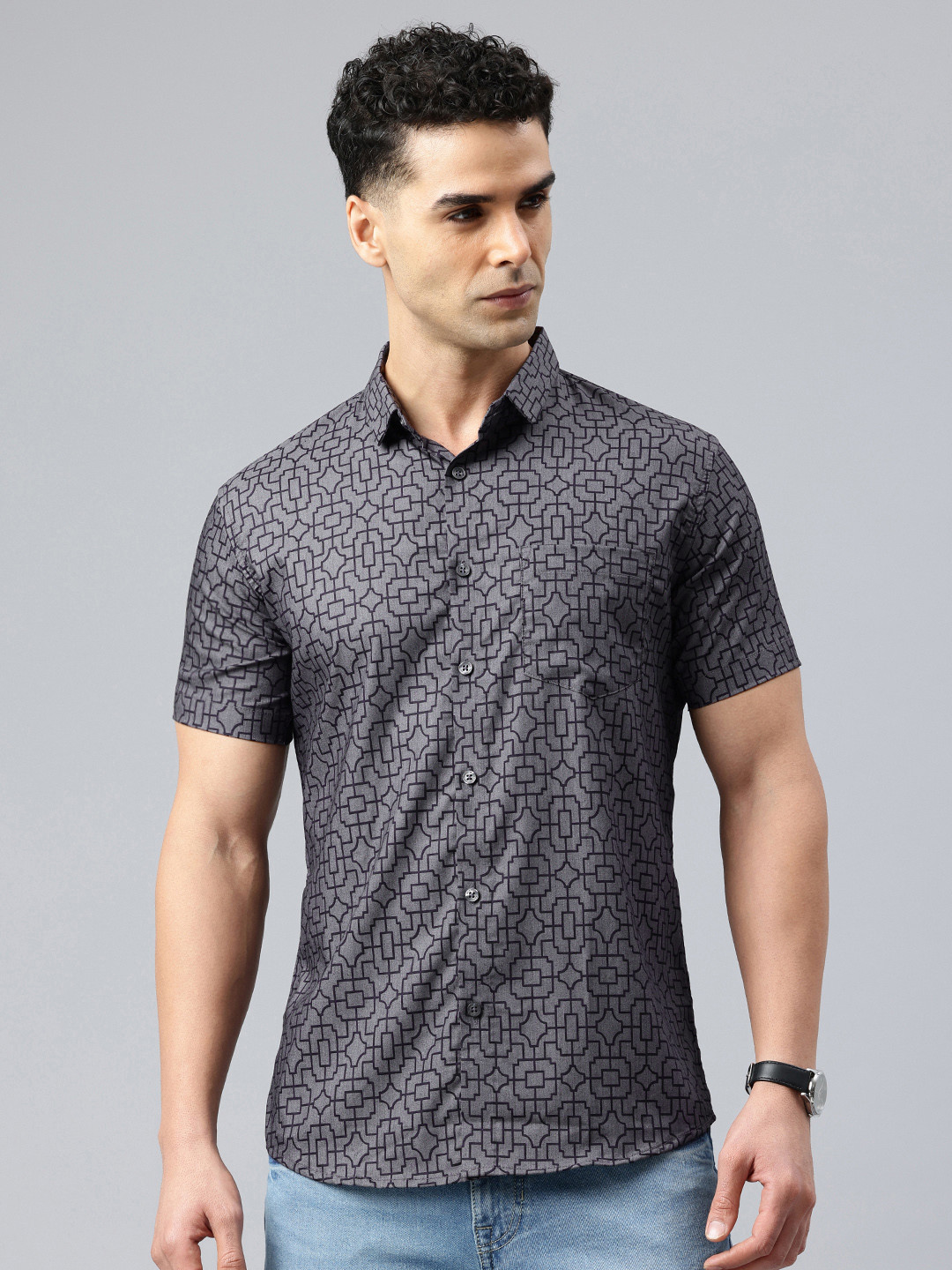 

Majestic Man Men Classic Slim Fit Printed Casual Shirt, Grey