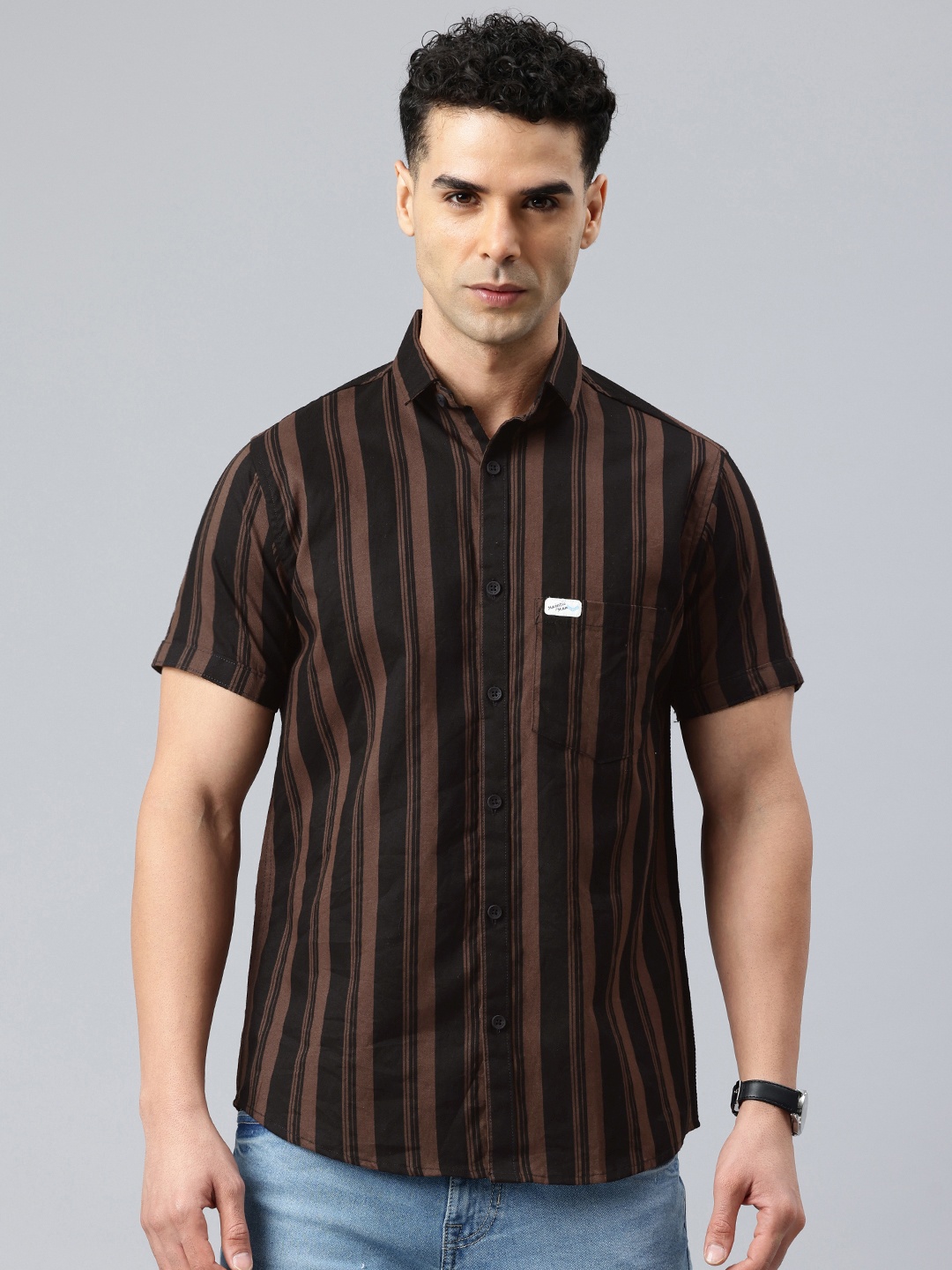 

Majestic Man Men Classic Slim Fit Striped Pure Cotton Casual Shirt, Brown