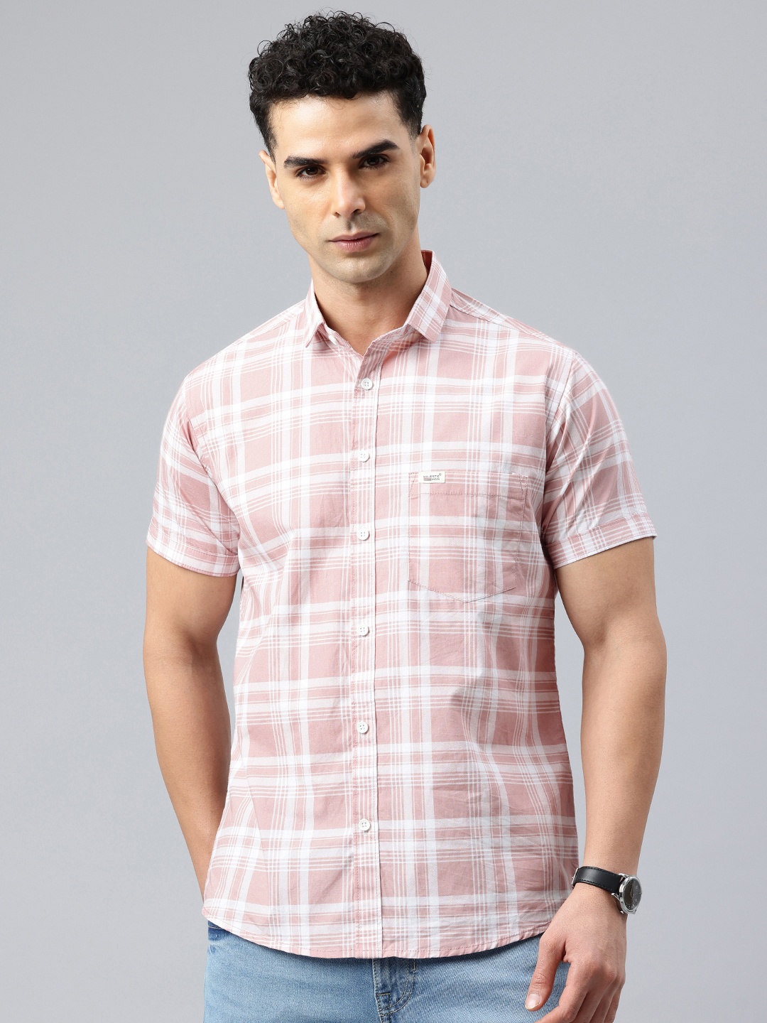 

Majestic Man Men Classic Slim Fit Checked Pure Cotton Casual Shirt, Peach