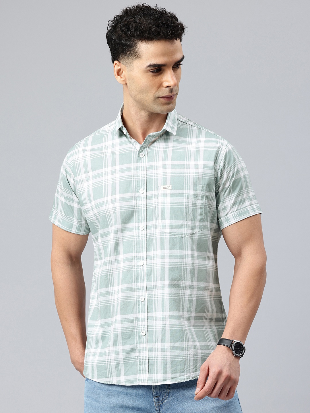 

Majestic Man Men Classic Slim Fit Checked Pure Cotton Casual Shirt, Green