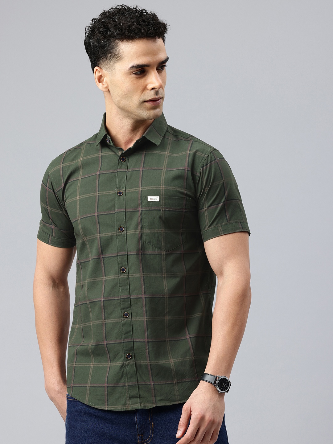 

Majestic Man Men Classic Slim Fit Checked Pure Cotton Casual Shirt, Green