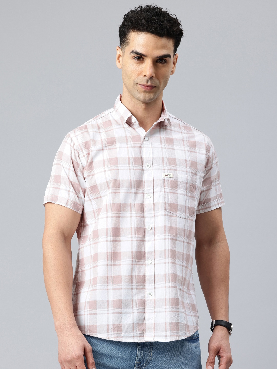 

Majestic Man Men Classic Slim Fit Checked Pure Cotton Casual Shirt, Beige