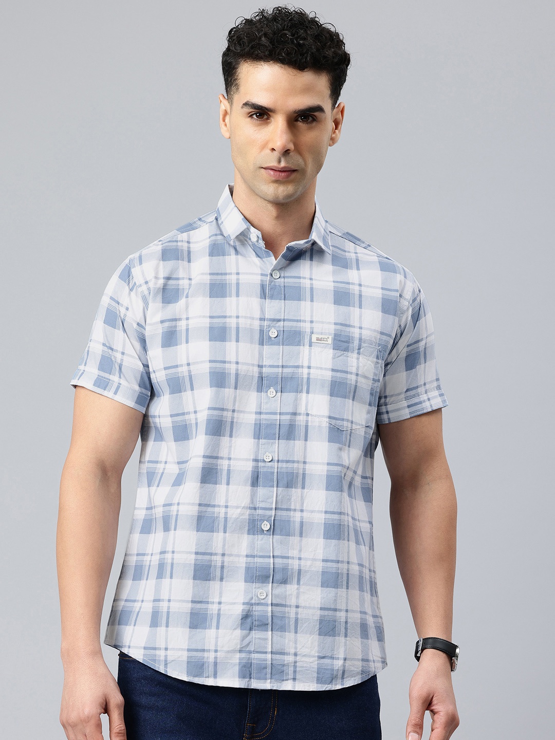 

Majestic Man Men Classic Slim Fit Tartan Checks Pure Cotton Casual Shirt, Blue