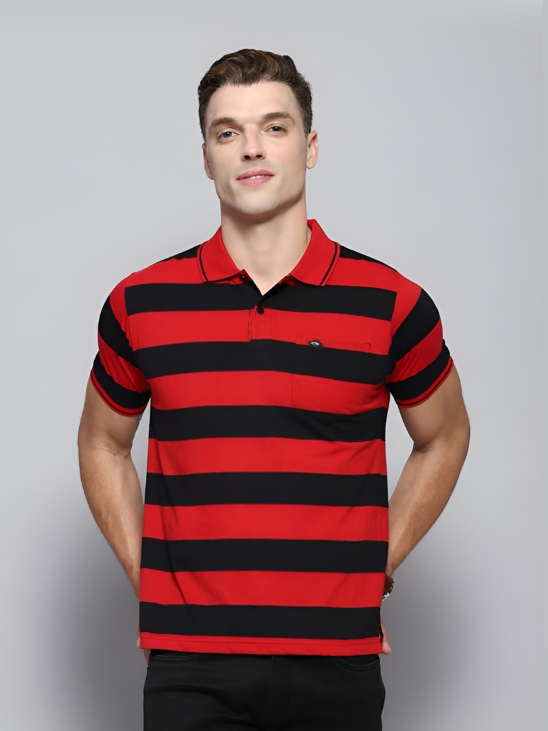 

Cloak & Decker by Monte Carlo Men Striped Polo Collar Pockets T-shirt, Red