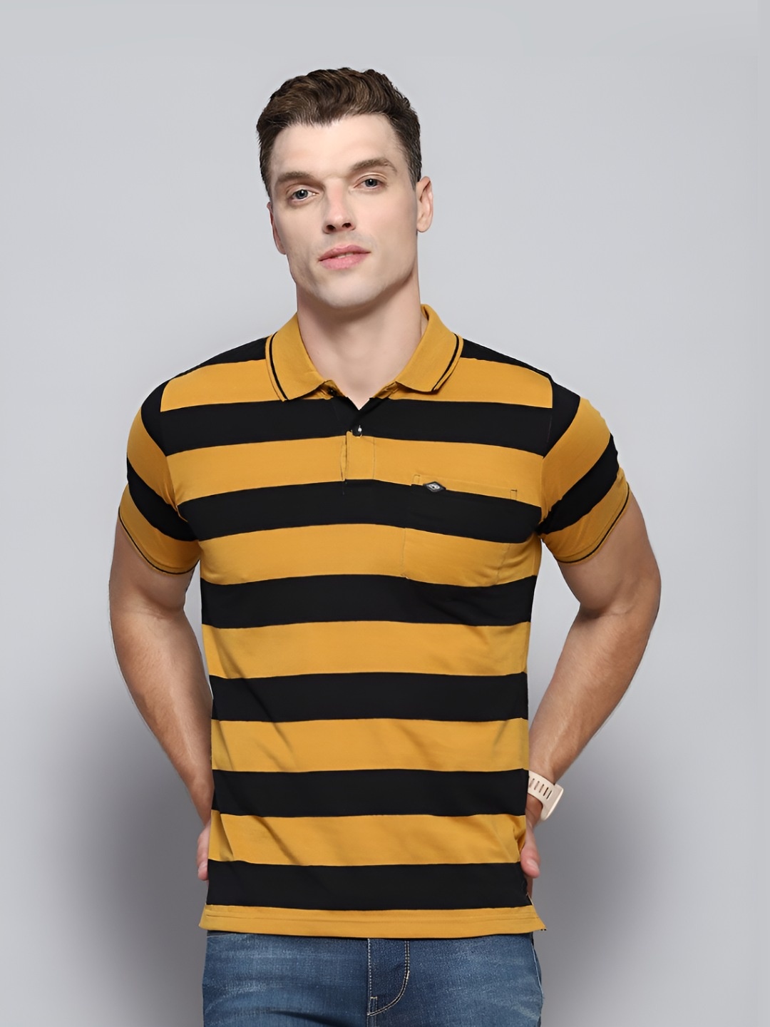 

Cloak & Decker by Monte Carlo Men Striped Polo Collar T-shirt, Mustard