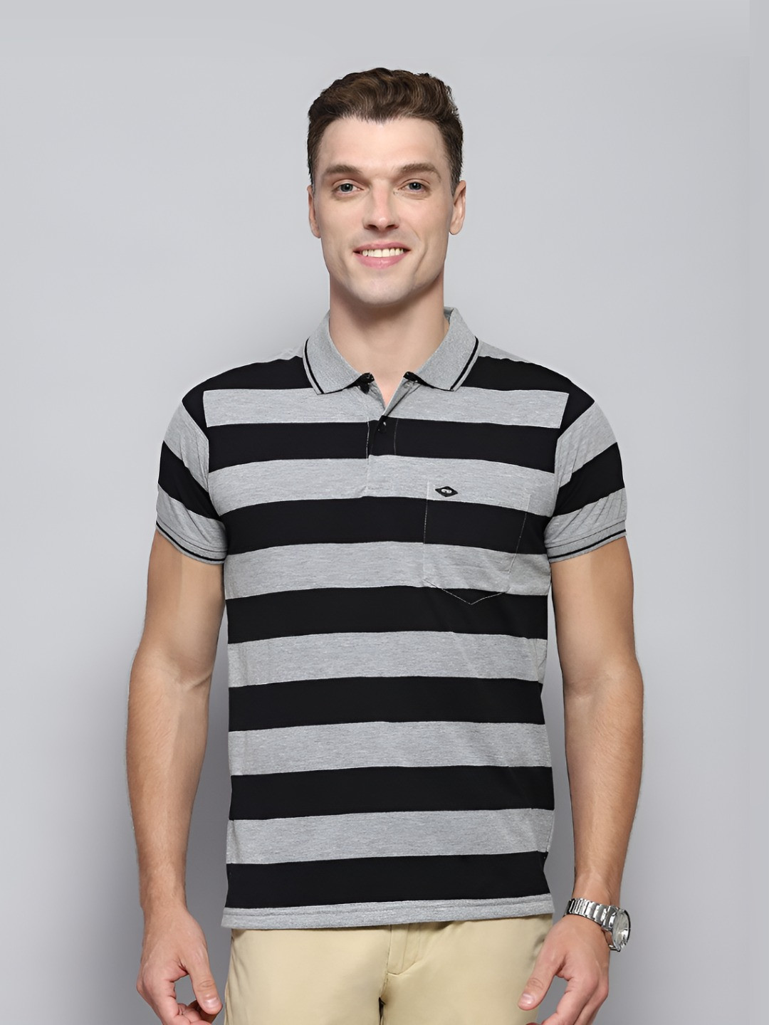 

Cloak & Decker by Monte Carlo Men Striped Polo Collar Pockets T-shirt, Grey