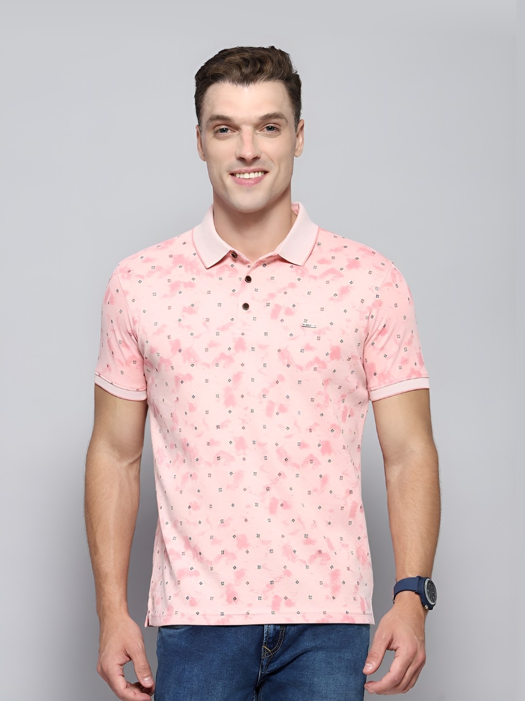 

Cloak & Decker by Monte Carlo Men Micro Ditsy Printed Polo Collar T-shirt, Pink