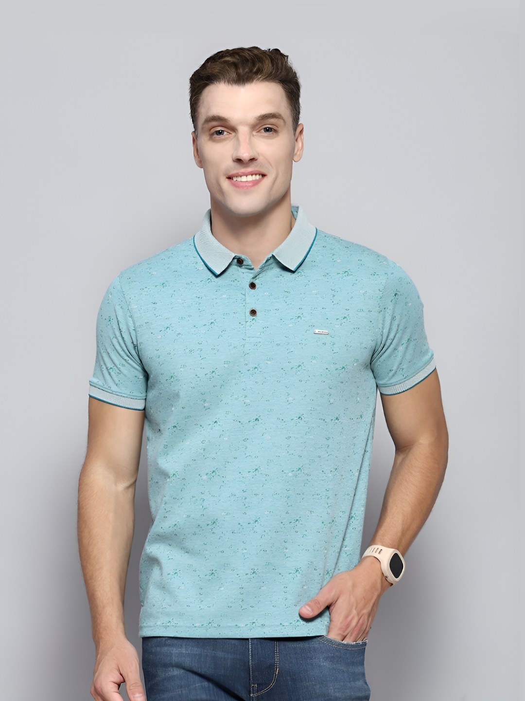 

Cloak & Decker by Monte Carlo Men Micro Ditsy Printed Polo Collar T-shirt, Blue