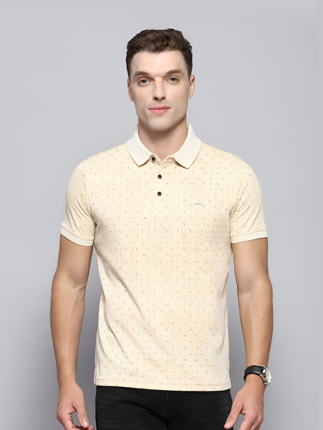 

Cloak & Decker by Monte Carlo Men Micro Ditsy Printed Polo Collar T-shirt, Yellow
