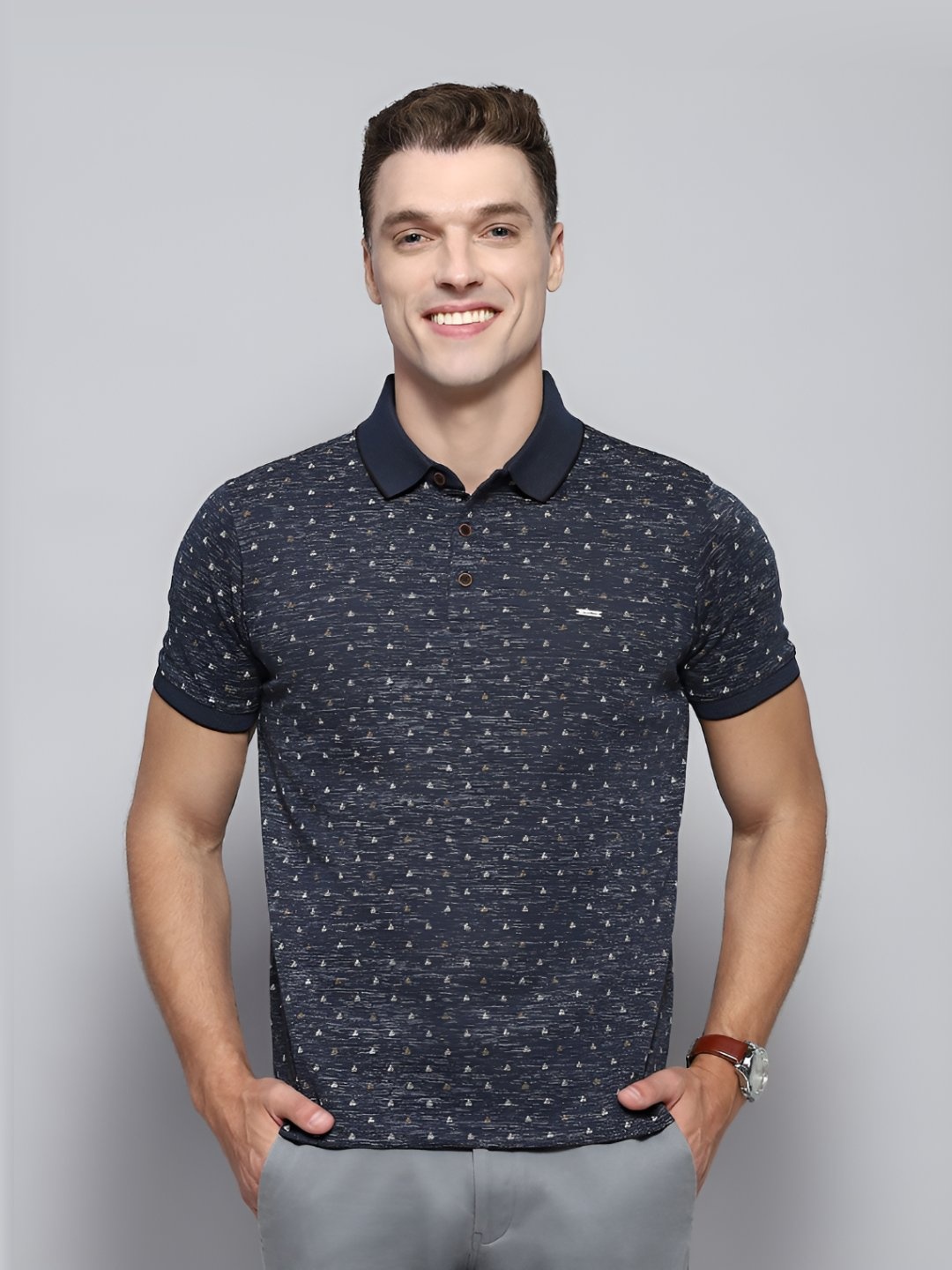 

Cloak & Decker by Monte Carlo Men Micro Ditsy Printed Polo Collar T-shirt, Navy blue