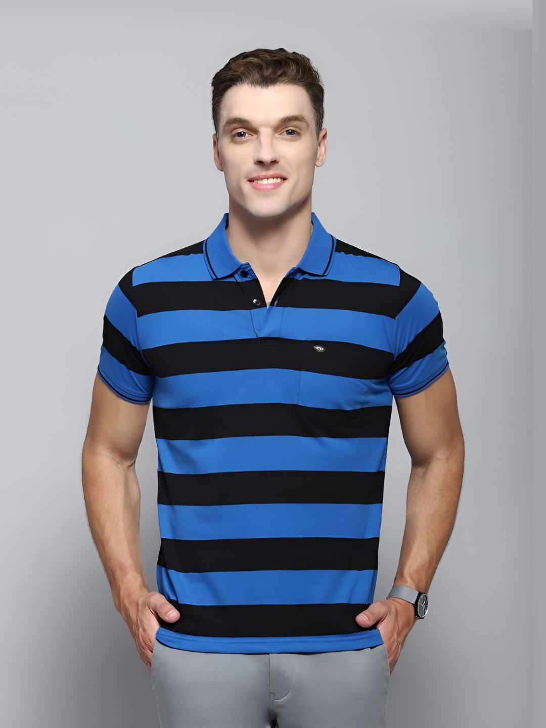 

Cloak & Decker by Monte Carlo Men Striped Polo Collar T-shirt, Blue