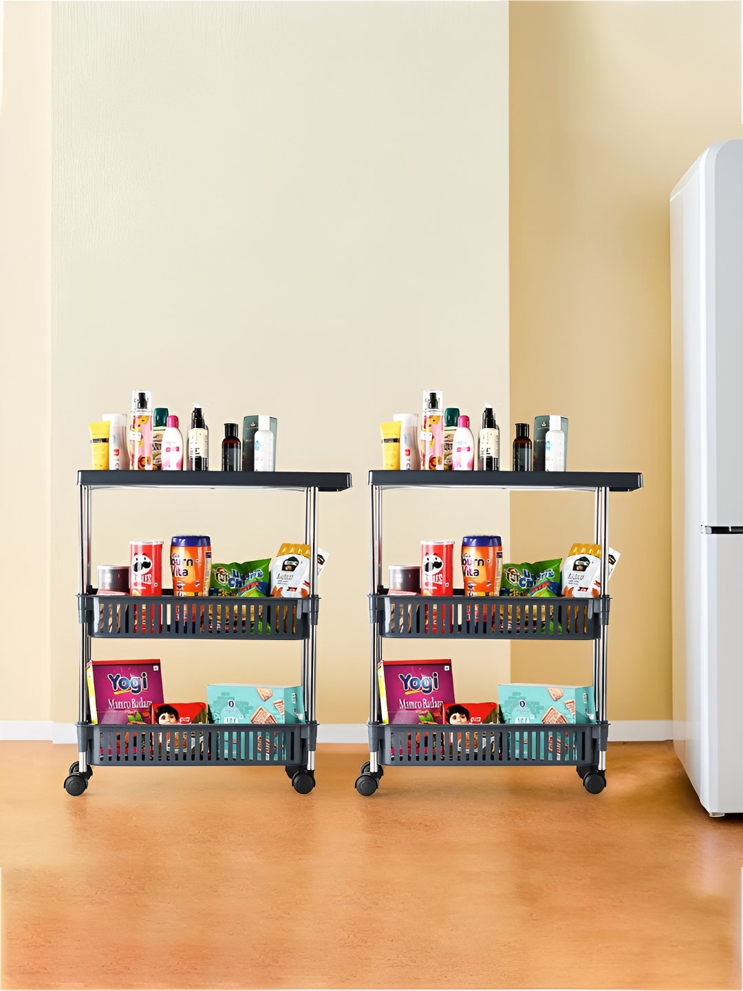 

Kuber Industries Grey 2 Pieces 3-Layer Storage Rack With 360 Degree Wheels