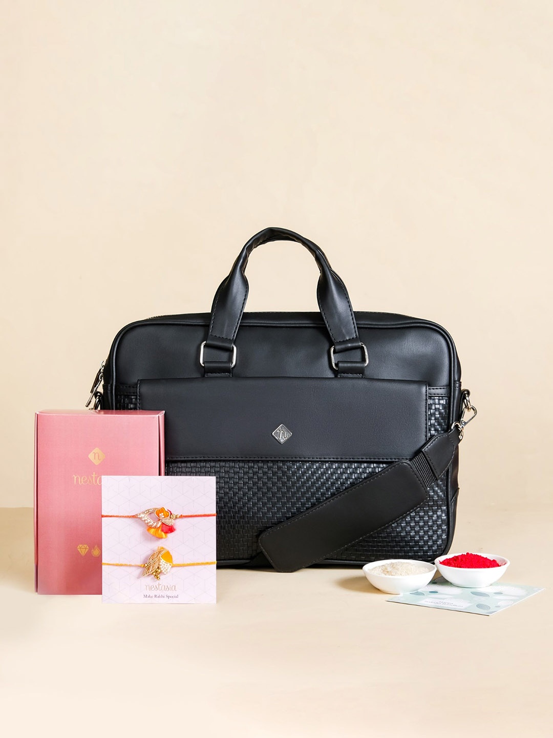 Nestasia Set Of 2 Rakhi & Roli Chawal With Laptop Bag, Red