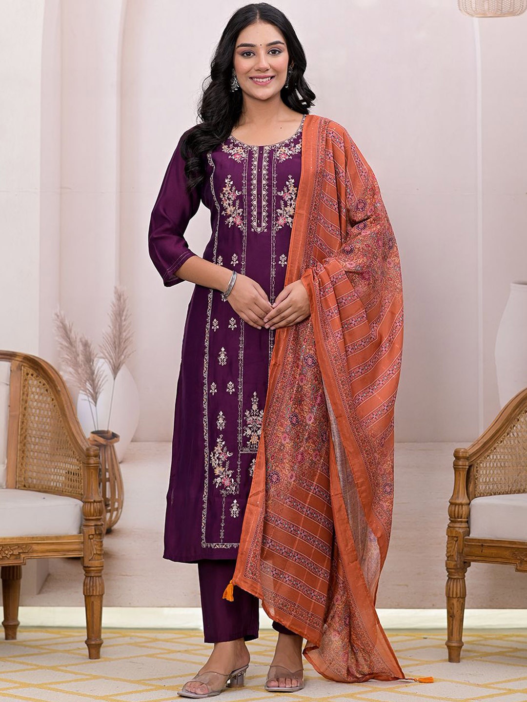 

Yufta Burgundy Floral Embroidered Sequinned Kurta with Trousers & Dupatta