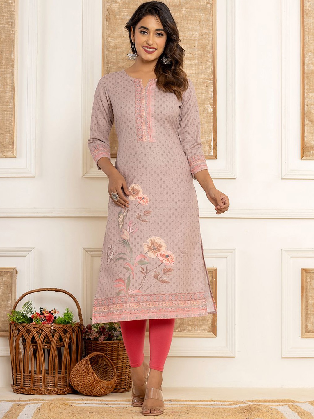 

Yufta Peach Floral Printed Notch Neck Three-Quarter Sleeves Pure Cotton Straight Kurta