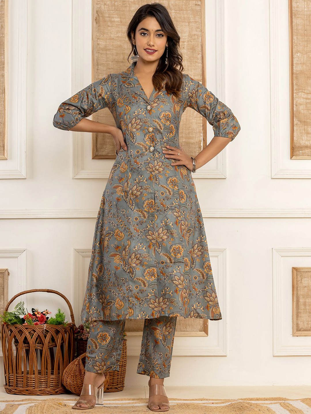 

Yufta Grey Floral Printed Shirt Collar Pure Cotton A-Line Kurta with Trousers