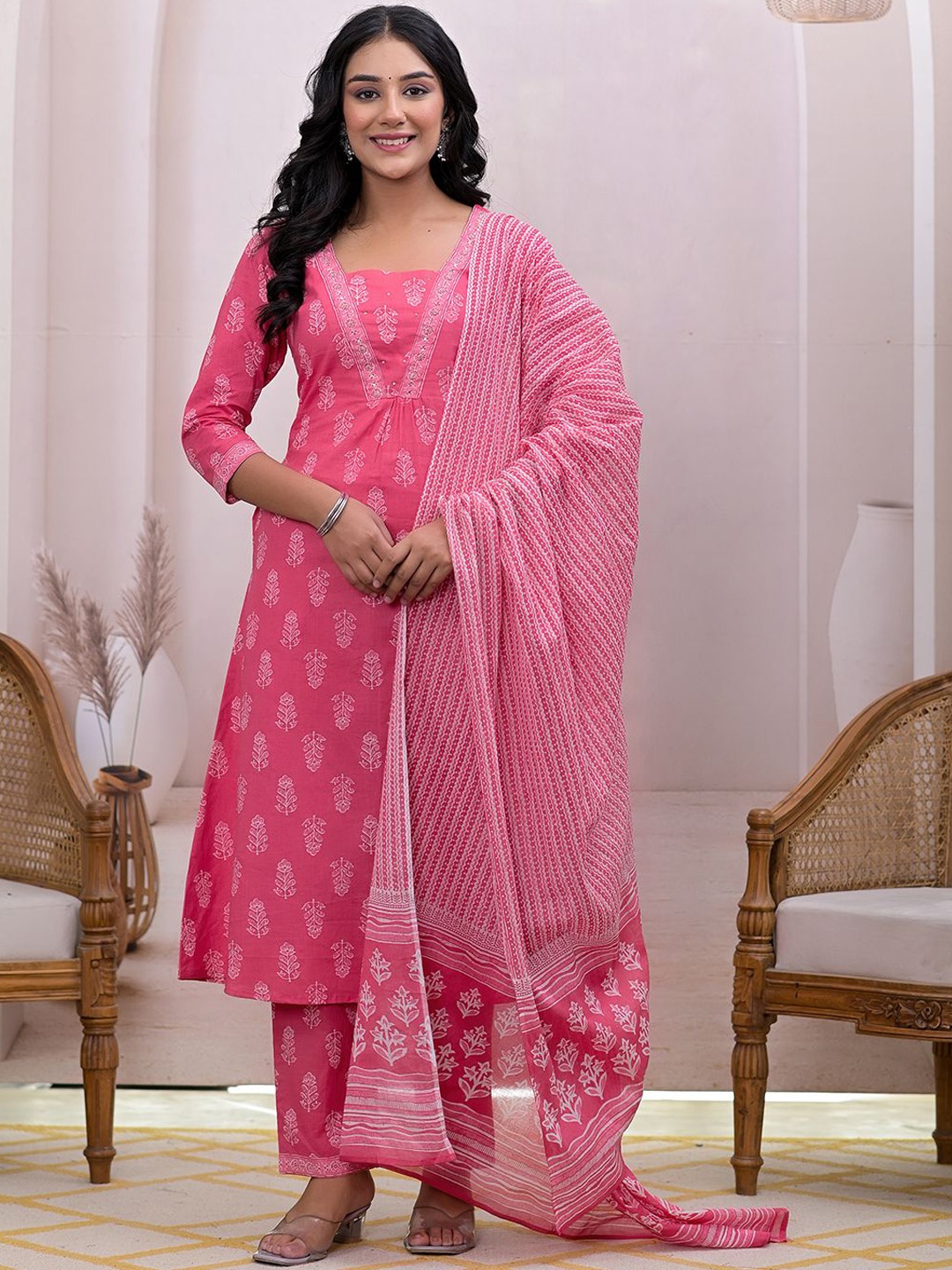 

Yufta Pink Floral Printed Sequinned Pure Cotton A-Line Kurta With Trousers & Dupatta