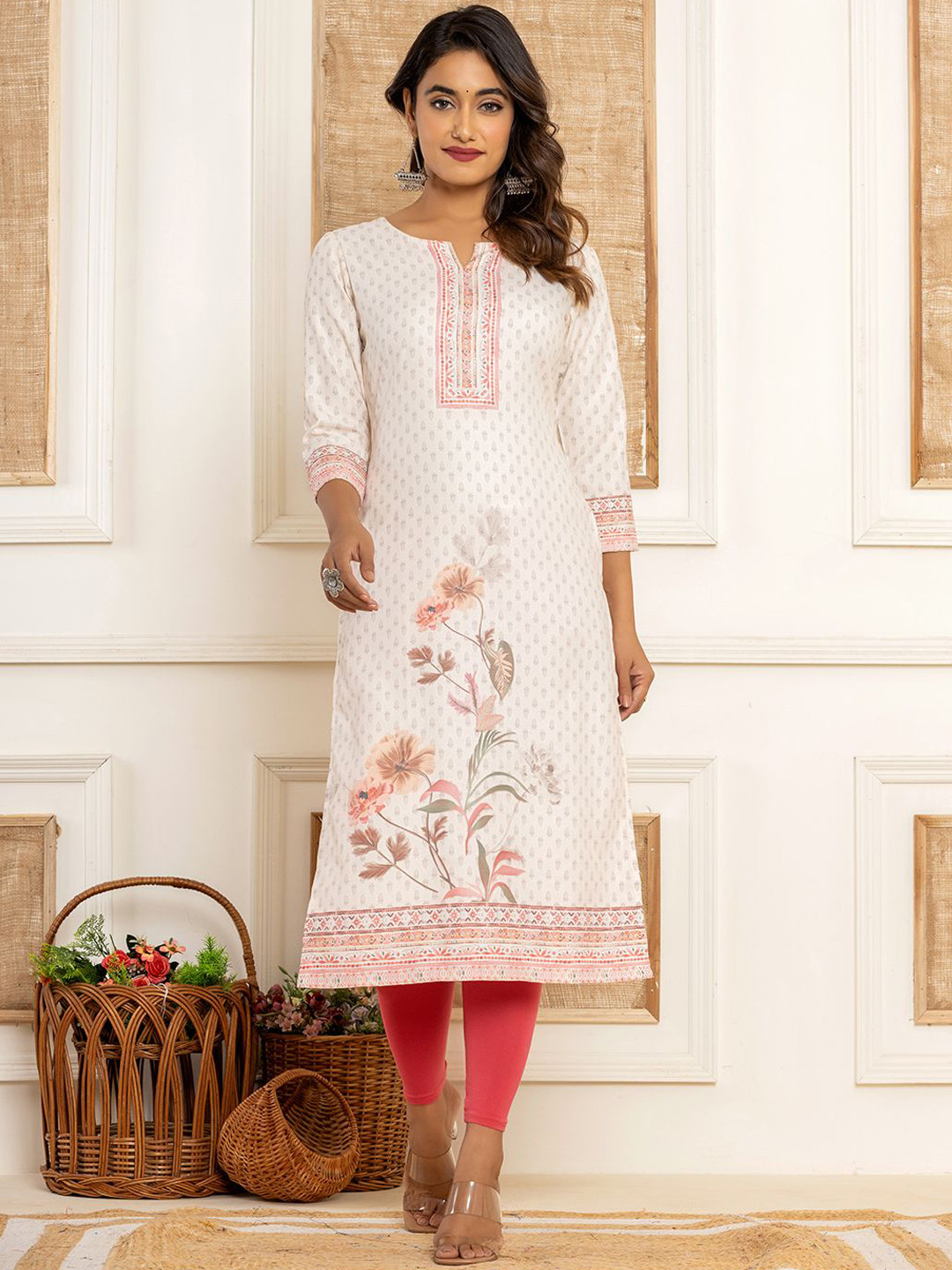 

Yufta White Floral Printed Notch Neck Three-Quarter Sleeves Pure Cotton Straight Kurta