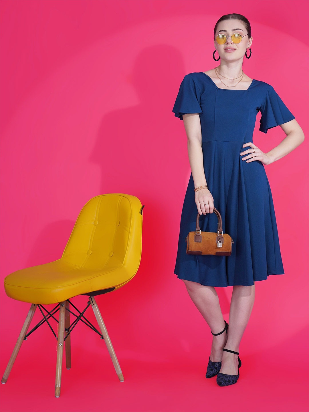 

SHEETAL Associates Flared Sleeve Fit & Flare Dress, Navy blue