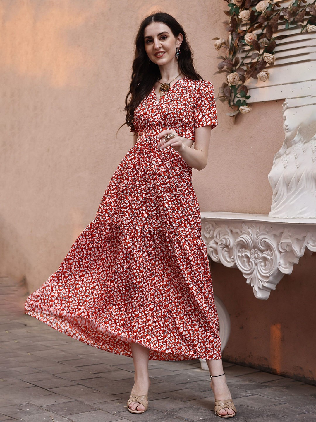 

SHEETAL Associates Floral Print Flutter Sleeve Maxi Dress, Red