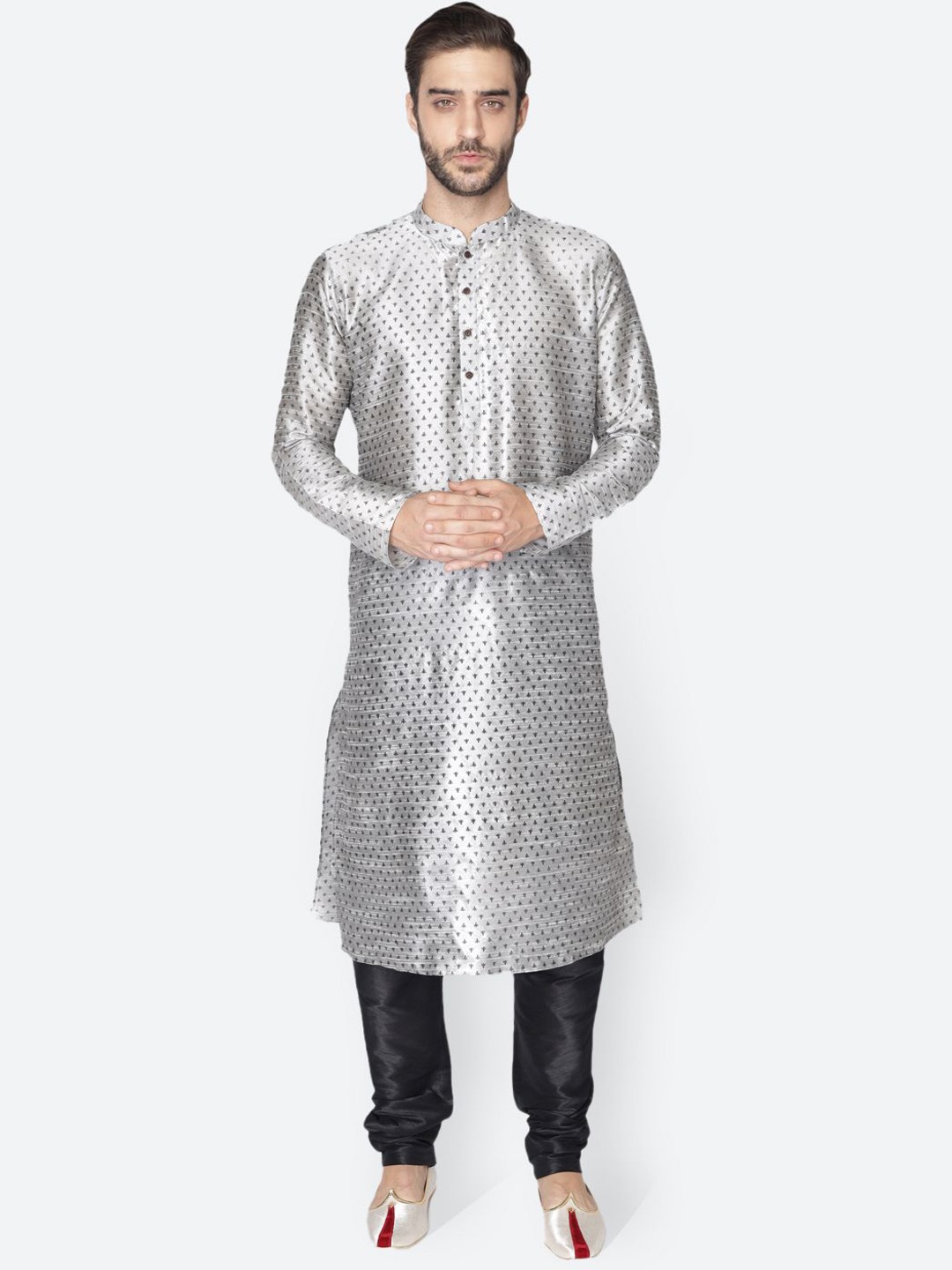 

NAMASKAR Woven Design Mandarin Collar Kurta, Silver