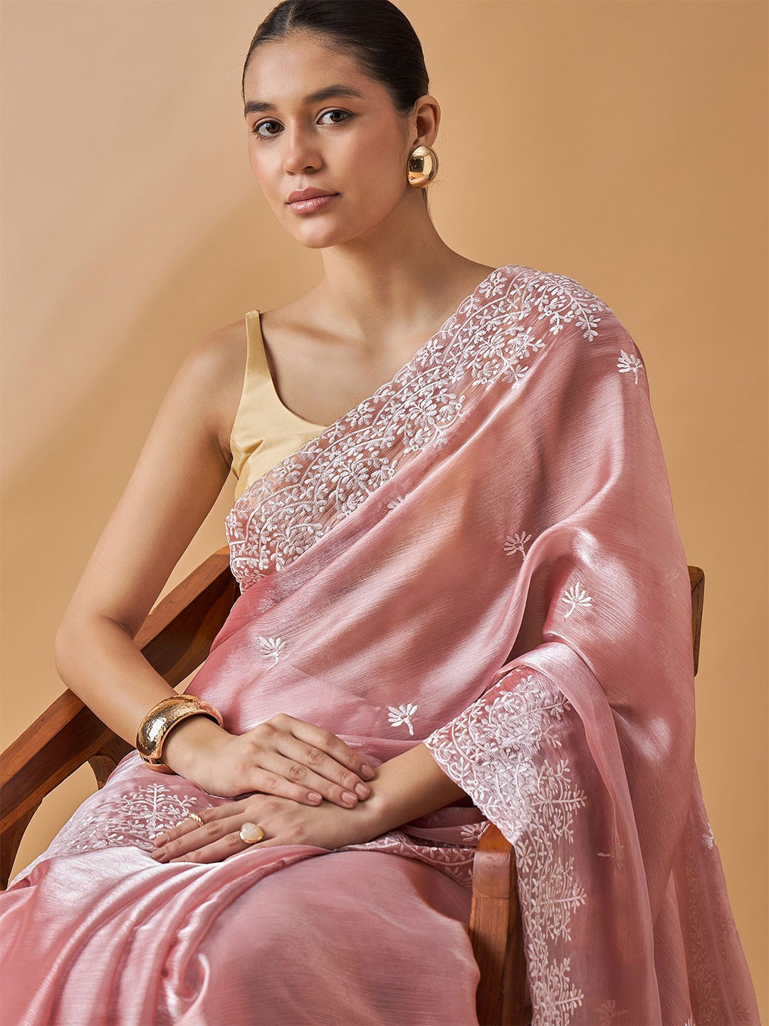 

all about you Floral Embroidered Saree, Peach