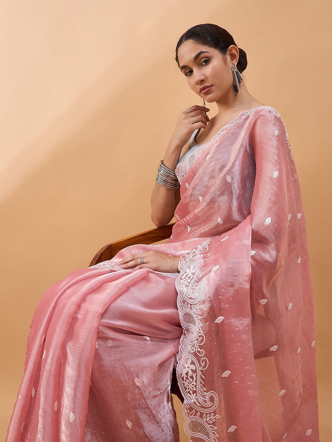 all about you Floral Embroidered Saree, Peach