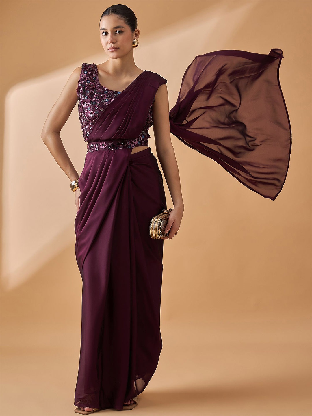 

all about you Sequinned Satin Ready to Wear Saree, Maroon