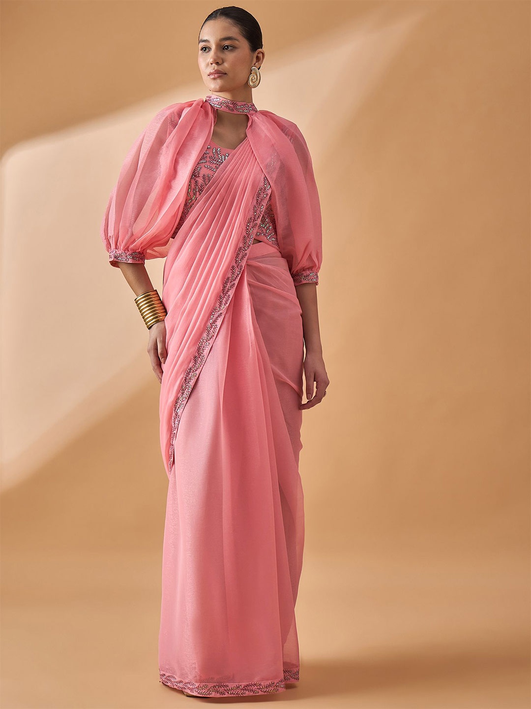 

all about you Sequinned Ready to Wear Saree, Peach